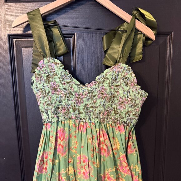 NWOT Free People Oversized Maxi Dress Floral Green Pink Lace Straps Medium - Picture 2 of 7